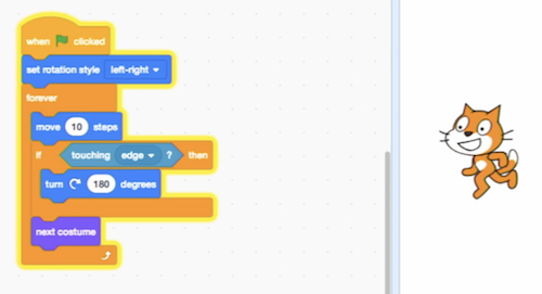 blocks labeled "set rotation style left-right", "forever", "move 10 steps", "if touching edge then", "turn 180 degrees", "next costume"