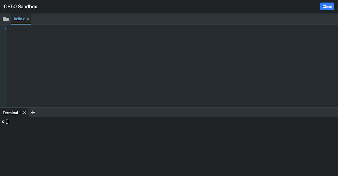 two panels, top labeled hello.c, bottom labeled Terminal