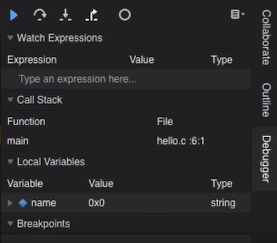 debugger panel with controls, variables