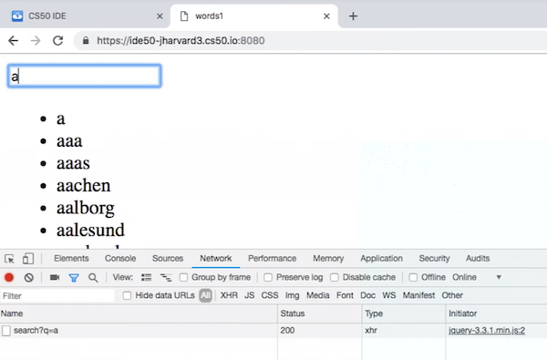 words1 with input box on page and results directly below; Network panel in Developer tools shows a request to search?q=a