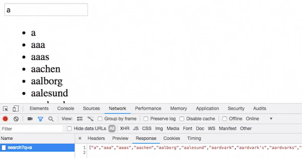 words2 with Response to a request for search?q=a as a list of strings, as opposed to li elements with markup