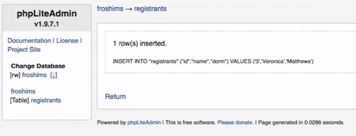 phpLiteAdmin showing INSERT command